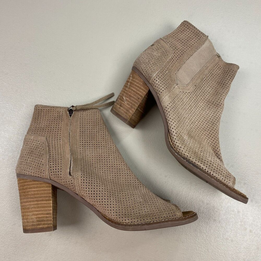 Toms Booties Womens‎ 9.5 Brown Tan Suede Leather Ankle Boot Open Toe Chunky Heel